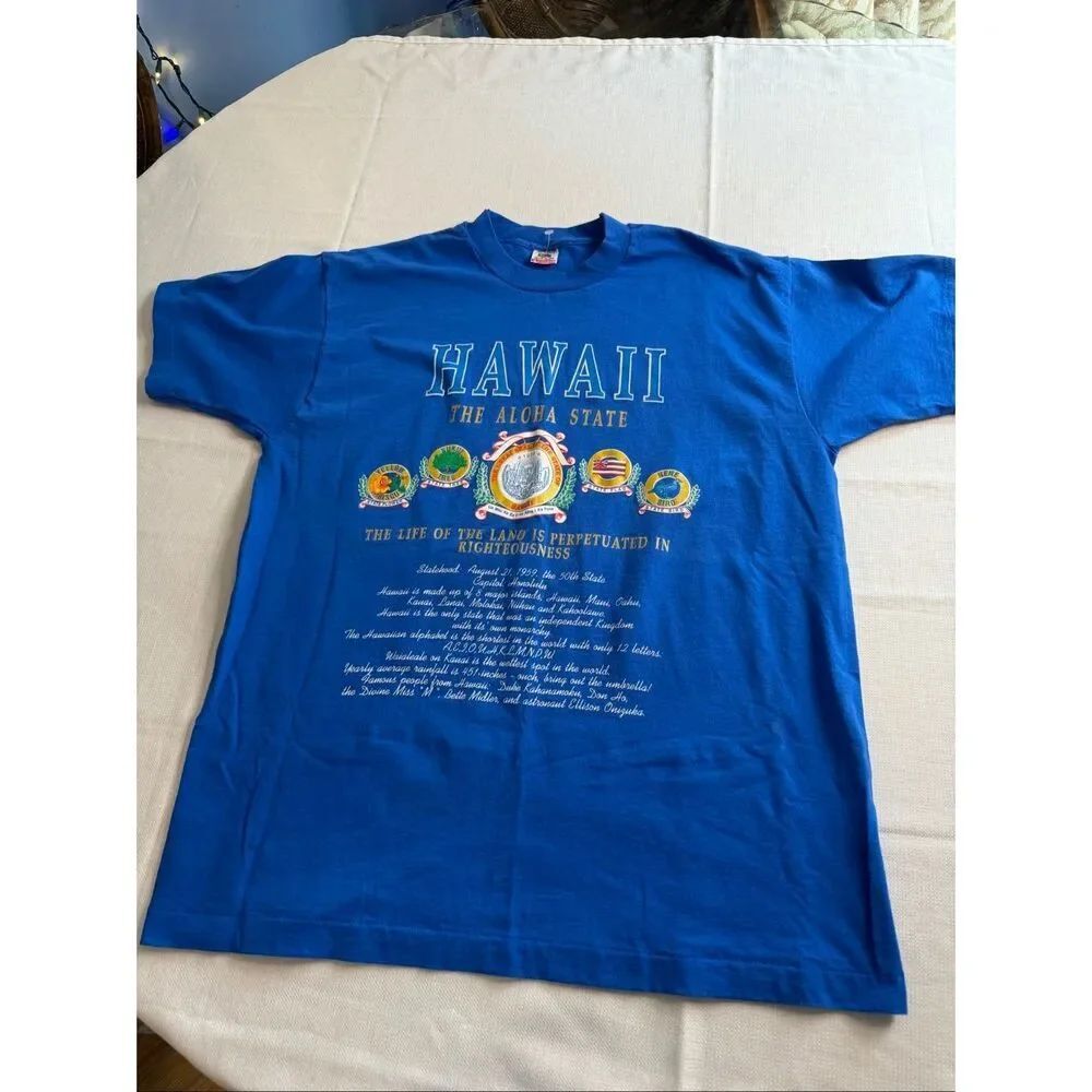 Vintage 90s Hawaii Aloha State Tourist TShirt XL Blue Made USA Fruit of the Loom